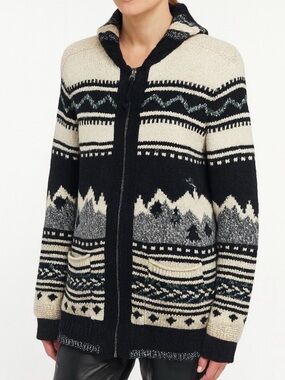 American Eagle Sweater Alpine Front Zip Shacket Black Cream Green Relaxed XS